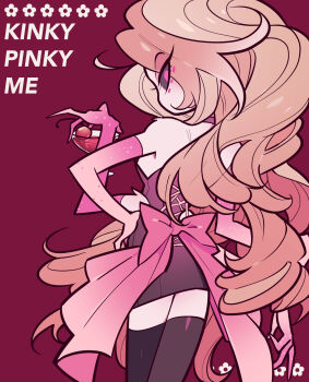 1boy angel_dust_(hazbin_hotel) back_bow bare_shoulders black_dress black_sclera black_thighhighs blonde_hair bow cherry choker colored_sclera corset cross-laced_clothes crossdressing crossdressing_(mtf) cup dress drinking_glass elbow_gloves extra_arms eyes_visible_through_hair food from_behind fruit gloves gradient_bow gradient_gloves hand_on_own_hip hazbin_hotel hellaverse highres holding holding_cup long_hair looking_back male_focus meremero monster_boy pink_bow pink_choker pink_eyes pink_gloves red_background simple_background solo strapless strapless_dress text_background thighhighs trap very_long_hair white_fur