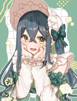 1girl :d bare_shoulders blush bonnet clenched_hands collar colored_inner_hair cropped_torso crossed_bangs detached_sleeves fish floral_print floral_print_kimono flower-shaped_pupils flower_hairpin frilled_bonnet frilled_collar frills green_background green_eyes green_hair green_kimono green_ribbon hair_ornament hair_ribbon hairclip hands_on_own_cheeks hands_on_own_face highres japanese_clothes kimono long_hair long_sleeves looking_at_viewer multicolored_hair nijisanji obiage open_mouth print_kimono ram_hiir0 ribbon smile solo symbol-shaped_pupils togawa_nonoha virtual_youtuber white_bonnet white_sleeves