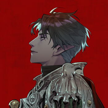 Rule 34 | 1boy, armor, baldur's gate, baldur's gate 3, black hair, chinese commentary, dark-skinned male, dark skin, dungeons & dragons, dungeons &amp; dragons, elf, highres, jingyu wang, pointy ears, portrait, procreate (medium), profile, red background, short hair, solo, tav (baldur's gate), the dark urge (baldur's gate)