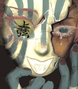 Rule 34 | 1boy, :d, akaza (kimetsu no yaiba), ars wand, black nails, black skin, colored eyebrows, colored eyelashes, colored skin, cracked kawaii mask, crying, facial tattoo, fangs, hand tattoo, hands up, highres, kimetsu no yaiba, male focus, open mouth, smile, solo, tattoo, tears, translation request