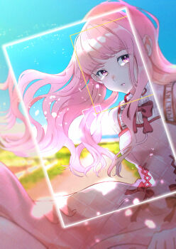 1girl absurdres argyle_clothes argyle_dress bloom_poetry_(shining_nikki) blue_sky boss_00xl bow bowtie clothes_writing cloud commentary_request cowboy_shot cross-laced_clothes cross-laced_dress crying crying_with_eyes_open day dress dress_bow eyelashes floating_clothes floating_hair frilled_shirt_collar frills frown highres lens_flare light_blush light_particles lips long_hair long_sidelocks long_sleeves looking_at_viewer medium_dress nikki_(nikki) nikki_(series) outdoors parted_lips path petals pinafore_dress pink_dress pink_eyes pink_hair pink_lips pleated_dress red_bow red_bowtie road sad shining_nikki shirt sidelocks sky sleeveless sleeveless_dress solo standing teardrop tears turtleneck turtleneck_shirt very_long_hair viewfinder water wavy_hair white_shirt wind