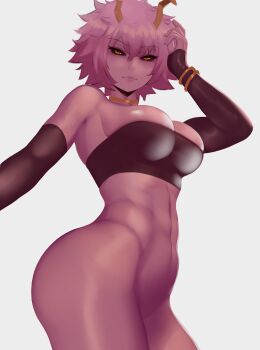 1girl absurdres alien android_21 ashido_mina bad_id bad_pixiv_id black_gloves black_sclera boku_no_hero_academia bottomless bracelet breasts choker colored_sclera colored_skin commentary cosplay dragon_ball dragon_ball_fighterz elbow_gloves english_commentary gloves gold_bracelet gold_choker highres horns jewelry large_breasts lips looking_at_viewer majin_android_21 majin_android_21_(cosplay) no_pants pink_hair pink_lips pink_skin solo white_background yellow_eyes yellow_horns zaki_(zaki_btw)