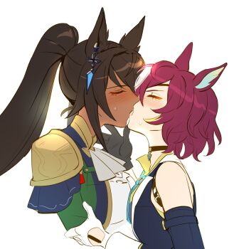 2girls animal_ears ascot black_choker black_gloves black_jacket black_sleeves boro^2 brown_hair choker closed_eyes colored_inner_animal_ears commentary dark-skinned_female dark_skin detached_sleeves earrings english_commentary from_side gloves green_jacket highres holding_antenna horse_ears horse_girl jacket jewelry kiss long_hair multiple_girls ponytail purple_hair short_hair simple_background single_earring sleeveless sleeveless_jacket symboli_kris_s_(onyx_soldier)_(umamusume) symboli_kris_s_(umamusume) tanino_gimlet_(embodiment_of_keravnos)_(umamusume) tanino_gimlet_(umamusume) umamusume white_ascot white_background white_gloves yuri