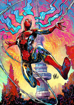 1boy abstract_background animal_print artist_name bodysuit colorful_background commentary dynamic_pose english_commentary male_focus marvel mask mask_on_head monument multicolored_bodysuit outdoors plant print_bodysuit red_bodysuit red_mask reflection signature silk sky skyline spider-man spider-man_(series) spider_print spider_web spider_web_print superhero_costume swinging_on_rope two-tone_bodysuit vinartwork white_eyes