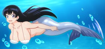 1girl :d absurdres air_bubble arato_nagi ass bikini black_hair breasts bubble cleavage collarbone commentary_request grey_tail highres kiria021 large_breasts long_hair looking_at_viewer mermaid monster_girl monsterification open_mouth ruri_no_houseki shell shell_bikini smile solo swimsuit tongue underwater