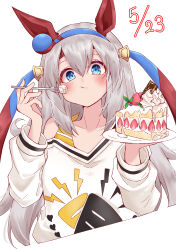Rule 34 | 1girl, absurdres, amaxa, animal ears, blue eyes, cake, collarbone, commentary request, dated, dated commentary, ear covers, food, fork, grey hair, hair between eyes, highres, holding, holding fork, horse ears, horse girl, long hair, long sleeves, looking at viewer, shirt, simple background, solo, tamamo cross (umamusume), umamusume, upper body, white background, white shirt