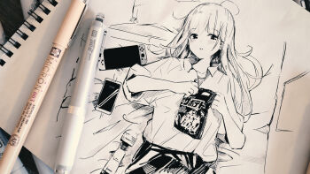 1girl 3d bag black_skirt cellphone collared_shirt commentary_request faux_traditional_media from_above greyscale hanecha1220 hatching_(texture) highres hitachi_magic_wand holding holding_bag long_hair looking_at_viewer monochrome nintendo_switch opening original parted_lips partially_unbuttoned pen phone sex_toy shirt shirt_tucked_in sketch skirt sleeves_rolled_up smartphone solo vibrator