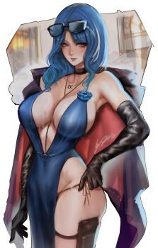 1girl absurdres bare_shoulders black_choker black_gloves blue_dress blue_hair breasts choker cleavage closed_mouth coat coat_on_shoulders commentary dp-12_(girls&#039;_frontline) dress elbow_gloves evening_gown eyewear_on_head girls&#039;_frontline girls&#039;_frontline_2:_exilium gloves grey_eyes helen_(girls&#039;_frontline_2) helen_(starlit_waltz)_(girls&#039;_frontline_2) highres holster jewelry large_breasts long_hair looking_at_viewer multicolored_hair necklace pantylines sherylnome sleeveless sleeveless_dress solo streaked_hair symbol-only_commentary thigh_holster thigh_strap white_background