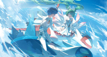 Rule 34 | 2boys, 2girls, absurdres, aqua eyes, aqua hair, blue eyes, blue hair, blush, closed mouth, cloud, cloudy sky, collared shirt, commentary request, dragon, gen 3 pokemon, hair between eyes, hair ornament, hair over one eye, hatsune miku, highres, holding hands, kaito (vocaloid), latias, latios, legendary pokemon, long hair, long sleeves, looking at viewer, mugen no ticket (vocaloid), multiple boys, multiple girls, multiple others, nintendo, nun nu, open mouth, pants, pokemon, pokemon (creature), project voltage, red eyes, shirt, short hair, sky, smile, thighhighs, vocaloid, white pants, white shirt, white thighhighs, wide sleeves, yellow eyes