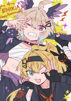 2girls :d ahoge aqua_eyes aqua_hair bandage_on_face bandaged_arm bandages baseball_bat black_hairband black_serafuku blonde_hair blush_stickers chest_sarashi choker delinquent enna_alouette ethyria fang gloves hair_between_eyes hairband happy_anniversary head_wings high_side_ponytail highres holding holding_baseball_bat looking_at_viewer midriff millie_parfait multicolored_hair multiple_girls nijisanji nijisanji_en o-ring o-ring_choker ok_sign open_mouth partially_fingerless_gloves purple_eyes safety_pin sarashi school_uniform serafuku smile sparkle star_(symbol) stomach_tattoo sukeban tattoo two-tone_hair v virtual_youtuber weii_yay wings