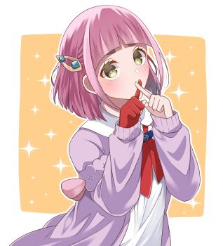 1girl 3go_pkmn arched_bangs blush border brown_eyes cardigan collared_shirt commentary_request gloves hair_ornament hands_up highres lacey_(pokemon) long_sleeves looking_at_viewer neckerchief nintendo open_cardigan open_clothes orange_background outline pink_hair pokemon pokemon_sv purple_cardigan red_gloves red_neckerchief shirt single_glove sparkle_background thick_eyebrows upper_body white_border white_outline white_shirt x_fingers x_fingers_over_mouth
