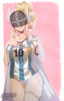 1girl absurdres angewomon argentinian_flag argentinian_flag_print artist_name asymmetrical_legwear blonde_hair breasts cheeso_art collarbone covered_eyes digimon digimon_(creature) digimon_adventure elbow_gloves flag_print gloves head_wings helmet helmet_over_eyes highres large_breasts looking_at_viewer simple_background smile soccer_jersey thick_thighs thighs wings
