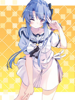 1girl ;/ akayama_yukihe animal_print ascot black_ascot black_bow blue_hair blush bow braid breasts butterfly_print closed_mouth commentary_request cowboy_shot crown_braid double_v eyes_visible_through_hair frown hair_between_eyes hair_bow hair_ribbon hand_up highres letterboxed long_hair looking_at_viewer medium_breasts miniskirt one_eye_closed red_eyes red_ribbon ribbon sailor_collar school_uniform serafuku shirt sidelocks simple_background skirt solo sorakado_ao summer_pockets summer_pockets_school_uniform v v_over_head very_long_hair white_sailor_collar white_serafuku white_shirt white_skirt yellow_background