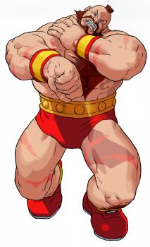 1990s_(style) 1boy abs absurdres beard bengus boots brown_hair chest_hair clenched_teeth facial_hair facing_viewer full_body game_cg head_tilt highres leg_hair male_focus marvel_vs._capcom mohawk muscular muscular_male non-web_source official_art pectorals red_boots retro_artstyle scar scar_on_arm scar_on_leg short_hair simple_background small_pupils solo street_fighter stretching teeth topless_male walking white_background wrestler wrestling_outfit x-men_vs._street_fighter zangief