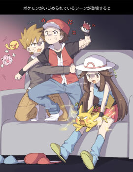 88_(einnimnech) black_shirt blue_oak blue_shirt brown_hair brown_jacket coach electricity gen_1_pokemon group_picture hat highres holding holding_poke_ball jacket jigglypuff leaf_(pokemon) long_hair nintendo pikachu poke_ball poke_ball_(basic) pokemon pokemon_frlg red_(pokemon) red_hat red_skirt red_vest shirt short_hair skirt spiked_hair translation_request vest white_hat