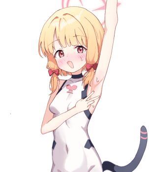 1girl arm_up armpits bare_arms black_tail blonde_hair blue_archive blunt_bangs blunt_ends blush bodysuit bow breasts cardcat_00 cat_tail commentary covered_collarbone covered_groin covered_navel dot_nose fake_tail hair_bow hair_ornament halo hand_up highres impossible_bodysuit impossible_clothes korean_commentary loli looking_at_viewer low-tied_sidelocks momoi_(battlesuit)_(blue_archive) momoi_(blue_archive) multiple_hair_bows nose_blush official_alternate_costume open_mouth parted_bangs pink_halo presenting_armpit red_bow red_eyes short_hair sidelocks simple_background sleeveless sleeveless_bodysuit small_breasts smile solo spread_armpit sweat tail upper_body v white_background white_bodysuit