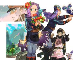 2boys aged_down belt belt_buckle black_coat black_footwear black_headwear black_skirt boots bracelet brown_belt buckle coat commentary_request flower gen_1_pokemon gen_4_pokemon grey_eyes grey_hair grey_legwear hair_flower hair_ornament hat high_collar highres hisuian_sneasel holding holding_flower ingo_(pokemon) jacket jewelry long_sideburns male_focus melli_(pokemon) multiple_boys multiple_views nintendo open_clothes open_coat pantyhose peaked_cap pearl_clan_outfit pokemon pokemon_(creature) pokemon_legends:_arceus purple_hair seonforest short_hair sideburns signature skirt skorupi stunky trench_coat zubat
