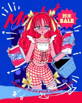 1girl basket blue_eyes blush checkered_clothes checkered_shorts checkered_vest cowboy_shot english_text food hair_ribbon highres holding holding_basket holding_food holding_milk_carton long_hair looking_to_the_side milk_carton nakazawa_ayami open_mouth original red_hair ribbon shorts solo teeth upper_teeth_only vest wavy_hair wispy_bangs yellow_ribbon