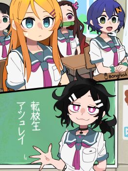 5girls :&lt; :3 :d absurdres arm_behind_back artist_name ashley_graves belle_(zenless_zone_zero) black_hair blue_eyes blue_hair bongftah breasts brown_hair chalkboard commentary_request crossover desk green_eyes hair_ornament hairclip highres kamado_nezuko kimetsu_no_yaiba kirigaya_suguha kousaka_kirino kousaka_kirino&#039;s_school_uniform multiple_crossover multiple_girls necktie open_mouth orange_hair ore_no_imouto_ga_konna_ni_kawaii_wake_ga_nai pink_eyes pink_necktie pink_ribbon ponytail ribbon school school_desk school_uniform sitting small_breasts smile smug sword_art_online the_coffin_of_andy_and_leyley trait_connection waving zenless_zone_zero