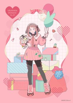 1girl artist_name black_pants blush_stickers boku_no_hero_academia brown_eyes brown_hair character_doll character_name dated doll frilled_hairband frills full_body hairband highres medium_hair necktie pants parted_lips pink_background pink_shirt pink_shoes pink_skirt red_necktie saburou_(326xxx1) shirt shoes skirt sneakers solo thick_eyebrows uraraka_ochako