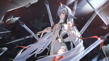 1girl absurdres angel_no_shousou animal_ear_fluff animal_ears arm_behind_back arm_cutout armlet bare_shoulders black_background black_hair breasts broken_glass china_dress chinese_clothes closed_mouth clothing_cutout cloud commentary commentary_request cowboy_shot detached_sleeves dress droopy_ears floating floating_object floating_sword floating_weapon glass glass_shards gradient_hair hair_ornament hairband highres holding holding_sword holding_weapon jewelry large_breasts leg_tattoo light_particles light_trail long_hair looking_ahead looking_at_viewer medium_breasts multicolored_hair multiple_swords outstretched_arm parted_lips pelvic_curtain pink_lips print_dress qingming_sword red_eyes red_hair red_streaks see-through_horns sidelocks silver_armlet single_hair_intake solo streaked_hair sword tassel tattoo very_long_hair weapon white_dress white_hair white_hairband ye_shunguang zenless_zone_zero