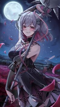 1girl absurdres ateno bare_shoulders black_bridal_gauntlets black_dress black_nails blush breasts bridal_gauntlets colored_inner_hair commentary cowboy_shot double-parted_bangs dress fingernails full_moon grey_hair hair_ornament highres holding holding_mace holding_weapon looking_at_viewer mace medium_breasts moon multicolored_hair nail_polish night night_sky original outdoors petals pink_eyes second-party_source short_hair skull_hair_ornament sky smile solo spiked_mace spikes star_(sky) weapon yuki_(zomb)