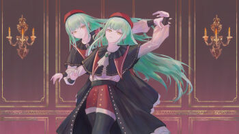 2girls absurdres bang_dream! bang_dream!_it&#039;s_mygo!!!!! beret closed_mouth commentary_request dual_persona earrings expressionless green_hair hagi_(kkcn4278) hat highres indoors jewelry long_hair looking_at_another mortis_(bang_dream!) mortis_(costume)_(bang_dream!) mortis_(persona)_(bang_dream!) multiple_girls red_hat smile wakaba_mutsumi yellow_eyes