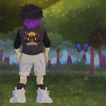 1boy 2023 alternate_costume alternate_hair_color alternate_universe antenna_hair artist_name black_hair black_socks bug butterfly commentary english_commentary from_behind grass highres insect invisible_floor madnopost male_focus omariposa omori purple_hair shoes short_hair short_sleeves shorts sneakers socks solo standing sunny_(omori) tree white_shoes white_shorts