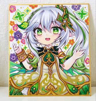 1girl dress floral_background genshin_impact green_dress green_eyes green_streaks hands_up highres looking_at_viewer marker_(medium) multicolored_hair nahida_(genshin_impact) one_side_up open_mouth rui_(sugar3) shikishi smile solo streaked_hair traditional_media upper_body white_hair