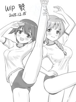 Rule 34 | 2girls, blush, braid, breasts, embarrassed, flexible, gym uniform, happy, highres, large breasts, long hair, long sleeves, looking at viewer, lynette bishop, medium breasts, miyafuji yoshika, monochrome, multiple girls, naruchisukisuki, open mouth, shirt, shoes, short hair, shorts, simple background, single braid, smile, sneakers, standing, standing on one leg, strike witches, unfinished, world witches series