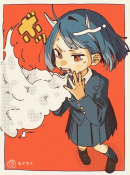 1girl aoki_ruri artist_name black_shoes blue_hair blue_jacket blue_skirt blue_socks border breath_weapon breathing_fire bright_pupils collared_shirt dragon_girl dragon_horns fangs fire floating_hair highres horns jacket legs_apart long_sleeves mayoi_zzz open_mouth pleated_skirt red_eyes ruridragon school_uniform shirt shoes short_hair skirt socks solo standing sweat teeth v-shaped_eyebrows white_border white_horns white_pupils white_shirt