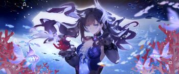 1girl bare_shoulders black_hair blue_eyes breasts bubble cleavage closed_mouth commentary_request coral dress fish floating_hair gloves highres honkai:_star_rail honkai_(series) hysilens_(honkai:_star_rail) lin_yu_jin long_hair looking_at_viewer medium_breasts red_gloves solo standing tohsaka_rin underwater