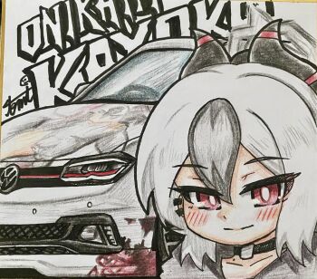 1girl absurdres black_hair blue_archive car commentary_request grey_halo halo highres kayoko_(blue_archive) motor_vehicle red_eyes solo tomimon vehicle_request white_hair