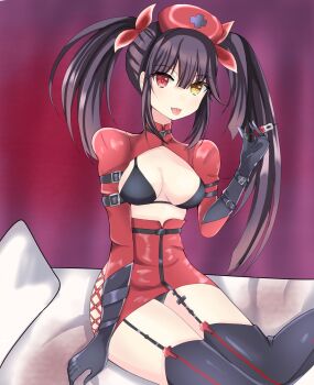 black_hair black_panties black_thighhighs boots catssoft1 clock clock_eyes date_a_live garter_straps hair_ribbon hat heterochromia highres needle nurse nurse_cap panties red_eyes ribbon roman_numeral shiny_clothes symbol-shaped_pupils thigh_boots thighhighs tokisaki_kurumi twintails underwear uneven_twintails yellow_eyes