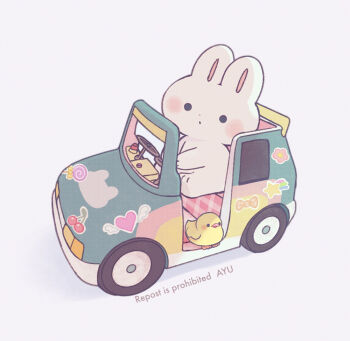 Rule 34 | animal, animal focus, artist name, ayu (mog), bird, blush stickers, car, closed mouth, commentary, duck, english commentary, mixed-language commentary, motor vehicle, no humans, original, romaji commentary, simple background, solid circle eyes, watermark, white background