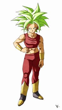 1girl abs boots dragon_ball dragon_ball_super full_body green_eyes green_hair hand_on_own_hip highres kakeru_(dbskakeru) kefla_(dragon_ball) looking_to_the_side midriff pants red_pants red_tank_top simple_background solo spiked_hair super_saiyan tank_top toriyama_akira_(style) white_background