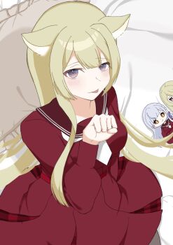 1girl :p animal_ears assault_lily bed_sheet belt blonde_hair blunt_bangs breasts brown_pantyhose brown_sailor_collar cat_ears character_doll closed_mouth commentary cowboy_shot dark_skin doll frilled_pillow frills hand_up head_on_pillow highres kanba_girls_high_school_uniform kemonomimi_mode kon_kanaho long_hair long_sleeves looking_at_viewer lying medium_breasts miniskirt miyagawa_takane necktie on_back pantyhose paw_pose pillow purple_eyes raised_eyebrows red_belt red_shirt red_skirt sailor_collar school_uniform serafuku shirt short_necktie sidelocks skirt solo tongue tongue_out very_long_hair vidro_(vidro_094) white_necktie