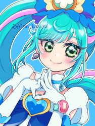 Rule 34 | 1girl, absurdres, blue background, blue bow, blue dress, blue hair, blue ribbon, bow, brooch, clothing cutout, cure spicy, delicious party precure, dress, earrings, fuwa kokone, gloves, green eyes, hair bow, heart, heart brooch, highres, jewelry, kazusa hiyori, magical girl, multicolored hair, outline, pink hair, precure, puffy short sleeves, puffy sleeves, ribbon, rope, short sleeves, side ponytail, simple background, solo, steepled fingers, streaked hair, twitter username, white gloves, white outline