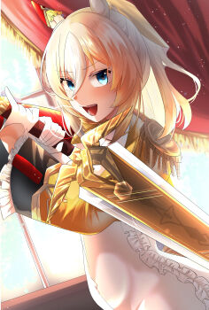 1girl absurdres animal_ears asymmetrical_jacket blonde_hair blue_eyes bodysuit commentary_request curtains durandal_(chevalier_fidele)_(umamusume) durandal_(umamusume) ear_covers epaulettes frilled_bodysuit gloves hair_between_eyes highres holding holding_sword holding_weapon horse_ears horse_girl horse_tail long_hair looking_at_viewer multicolored_hair open_mouth single_ear_cover smile solo sword tail teeth two-tone_hair umamusume weapon white_bodysuit white_gloves white_hair window yume_30_31