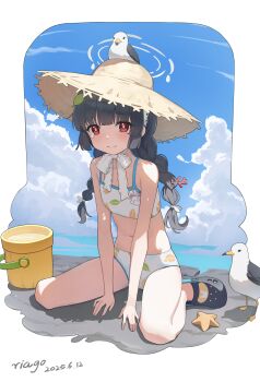 1girl absurdres animal animal_on_head bikini bird bird_on_head black_hair blue_archive blunt_bangs blunt_sidelocks blush braid closed_mouth crocs hat highres leaf_print liago miyu_(blue_archive) miyu_(swimsuit)_(blue_archive) navel official_alternate_costume official_alternate_hairstyle on_head red_eyes seagull sidelocks sitting solo straw_hat swimsuit tears twin_braids wariza white_bikini