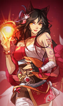 1girl ahri_(league_of_legends) animal_ears arm_tattoo bandaged_leg bandages black_hair bracelet breasts chest_sarashi choker cosplay facial_mark fingerless_gloves fire fox_ears fox_girl fox_tail genshin_impact gloves hair_ornament hand_up japanese_clothes jewelry kimono league_of_legends lips long_hair medium_breasts obi parted_lips pyrokinesis red_background red_choker red_kimono sarashi sash signature single_bare_shoulder single_fingerless_glove solo tail tattoo vmat whisker_markings yellow_eyes yoimiya_(genshin_impact) yoimiya_(genshin_impact)_(cosplay)