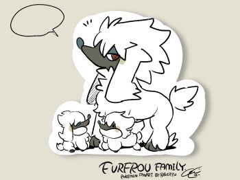 Rule 34 | animal focus, artist name, baby animal, black eyes, blank eyes, character cutout, character name, copyright name, english text, fluffy, full body, furfrou, gen 6 pokemon, half-closed eyes, jitome, looking to the side, nintendo, no humans, notice lines, pokemon, pokemon (creature), red eyes, sideways glance, signature, simple background, solid circle eyes, speech bubble, standing, twitter username, yueryu (taroyuer2)