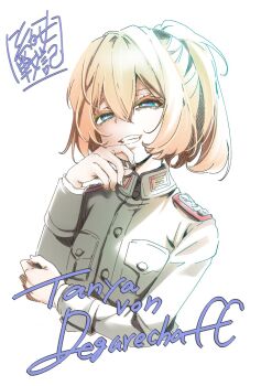 Rule 34 | 1girl, blonde hair, character name, collar tabs, commentary request, grin, hal (goshujinomocha), highres, long sleeves, looking at viewer, military, military uniform, narrowed eyes, shoulder boards, simple background, smile, solo, tanya degurechaff, tanya degurechaff (light novel), upper body, white background, youjo senki