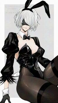 1girl 2b_(nier:automata) animal_ear_hairband animal_ears black_bow black_bowtie black_gloves black_leotard black_pantyhose blindfold bow bowtie breasts commentary curvy detached_collar detached_sleeves facing_viewer fake_animal_ears fishnet_pantyhose fishnets gloves grey_background hairband highleg highleg_leotard highres leotard mole mole_under_mouth nier:automata nier_(series) nishiii26miii pantyhose rabbit_ears rabbit_tail shiny_clothes short_hair simple_background solo strapless strapless_leotard tail two-tone_background watermark white_background white_hair white_wrist_cuffs wide_hips wrist_cuffs