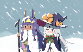 2girls 7dango7 abigail_williams_(fate) abigail_williams_(third_ascension)_(fate) animal_ears belly_chain black_bow black_cloak black_hat black_panties blush bow chibi cloak colored_skin dark-skinned_female dark_skin facepaint facial_mark fate/grand_order fate_(series) forehead fur-trimmed_cloak fur_trim hairband hat jackal_ears jewelry keyhole long_hair multiple_girls nitocris_(fate) nitocris_(second_ascension)_(fate) orange_bow panties parted_bangs purple_hair sidelocks snow staff underwear very_long_hair white_cloak white_hair white_skin witch_hat