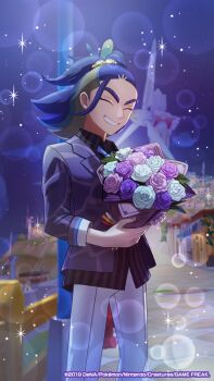Rule 34 | 1boy, adaman (palentine's 2026) (pokemon), adaman (pokemon), blue necktie, blurry, blurry background, bouquet, building, clear sky, closed eyes, commentary request, flower, grey jacket, grin, happy, holding, holding bouquet, jacket, loose hair strand, male focus, medium hair, multicolored hair, necktie, night, nintendo, official alternate costume, official art, outdoors, pants, pokemon, pokemon masters ex, shirt, sky, smile, solo, sparkle, striped clothes, striped shirt, teeth, vertical-striped clothes, vertical-striped shirt, wind turbine, windmill