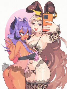 2girls amai_umimaru animal_ears animal_print antenna_hair antennae ass asymmetrical_docking breast_press breasts brown_hair ceelio_(vtuber) cellphone cleavage dark-skinned_female dark_skin detached_sleeves freckles horns indie_virtual_youtuber inkerton-kun large_breasts leopard_print lingerie long_hair multiple_girls no_panties phone pink_eyes purple_hair red_eyes selfie sheep_ears thighhighs thong underwear v virtual_youtuber