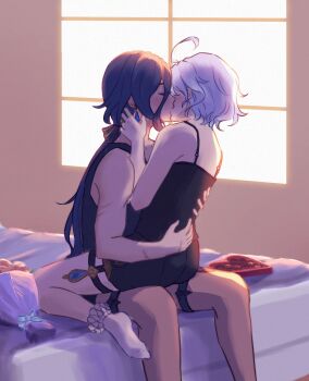 Rule 34 | 2girls, bare arms, black camisole, blue hair, bouquet, box, camisole, clorinde (genshin impact), closed eyes, commentary, earrings, emeraldice67, english commentary, flower, french kiss, furina (genshin impact), genshin impact, hand on another's back, hand on another's neck, hand on another's waist, heart-shaped box, highres, indoors, jewelry, kiss, long hair, multiple girls, on bed, scar, scar on arm, short hair, sitting, sitting on lap, sitting on person, socks, valentine, white socks, window, yuri