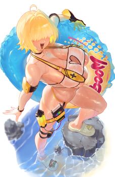 1girl absurdres ahoge blonde_hair blush breasts choker cleavage clothing_cutout crocs elegg_(boom_and_shock)_(nikke) elegg_(nikke) facing_up from_above game_controller_nipples_(meme) game_controller_print goddess_of_victory:_nikke hair_intakes hair_over_eyes heart_cutout highres holding holding_swim_ring huge_breasts innertube jaws_(okdol0928) meme ocean official_alternate_costume one-piece_swimsuit open_mouth rabbit_choker rabbit_ornament see-through_clothes see-through_one-piece_swimsuit see-through_slingshot_swimsuit short_hair skindentation slingshot_swimsuit smile solo swim_ring swimsuit two-sided_gloves water wet yellow_slingshot_swimsuit