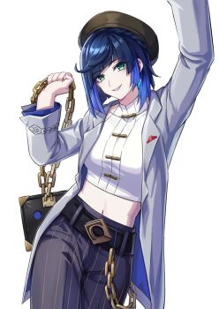 1girl alternate_costume arm_up bad_source bag belt beret black_belt black_hair black_pants blue_hair braid breasts chain coat contemporary cowboy_shot crop_top diagonal_bangs earrings genshin_impact gradient_hair green_eyes grey_jacket grin handbag hat holding jacket jewelry kan_(zwssg) long_sleeves looking_at_viewer midriff multicolored_hair navel open_clothes open_jacket pankou pants parted_lips shirt short_hair simple_background smile solo standing stomach striped_clothes striped_pants white_background white_shirt yelan_(genshin_impact) yelan_(pizza_hut)_(genshin_impact)